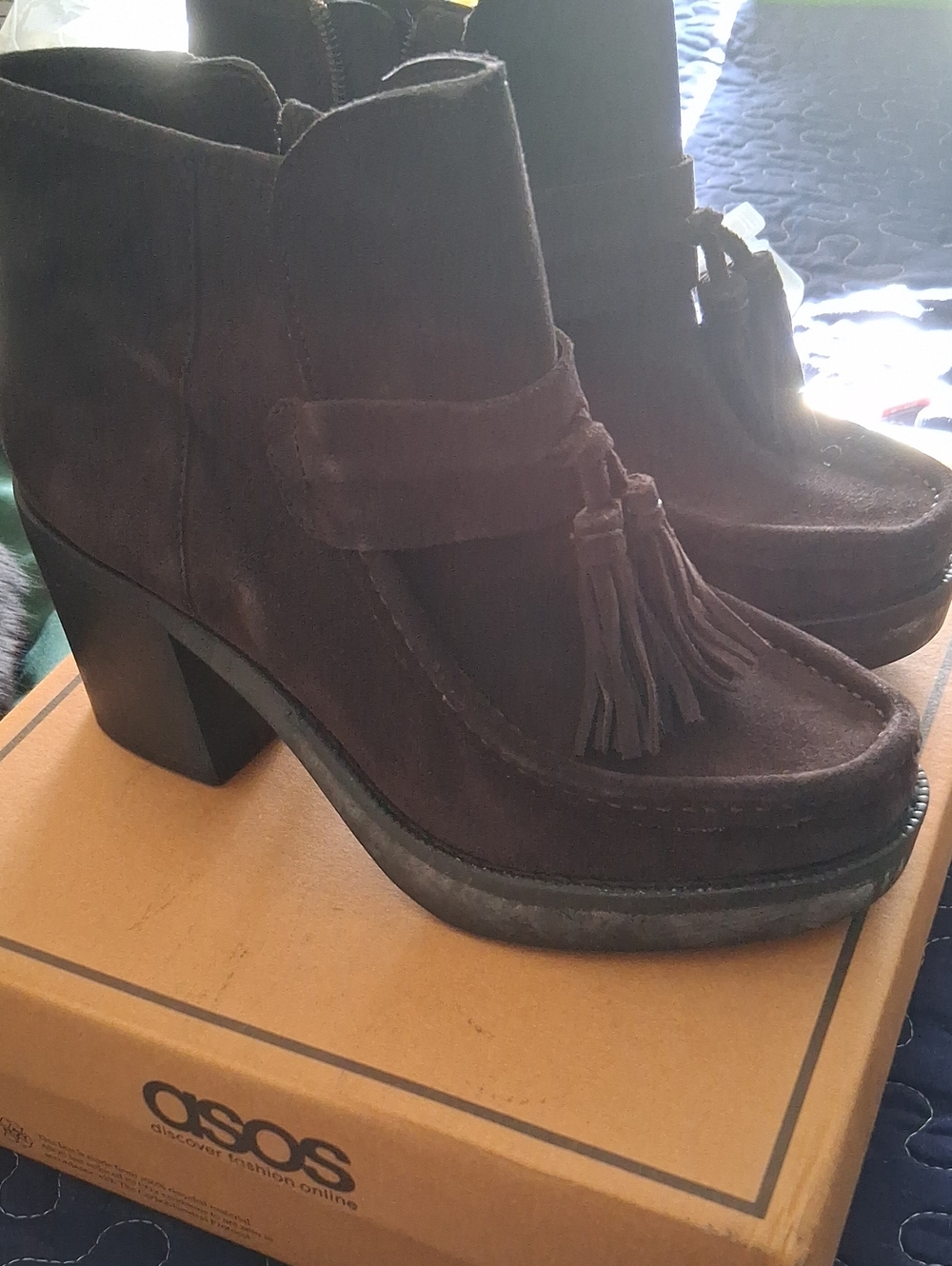 ASOS Dark Brown Chunky Platform Suede Tassel Block Heel Ankle Booties